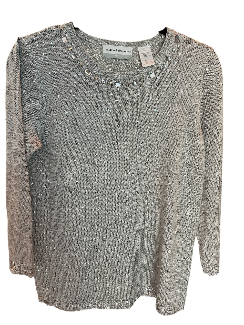 Alfred Dunner Silver Sequin Jewel-Trim Sweater